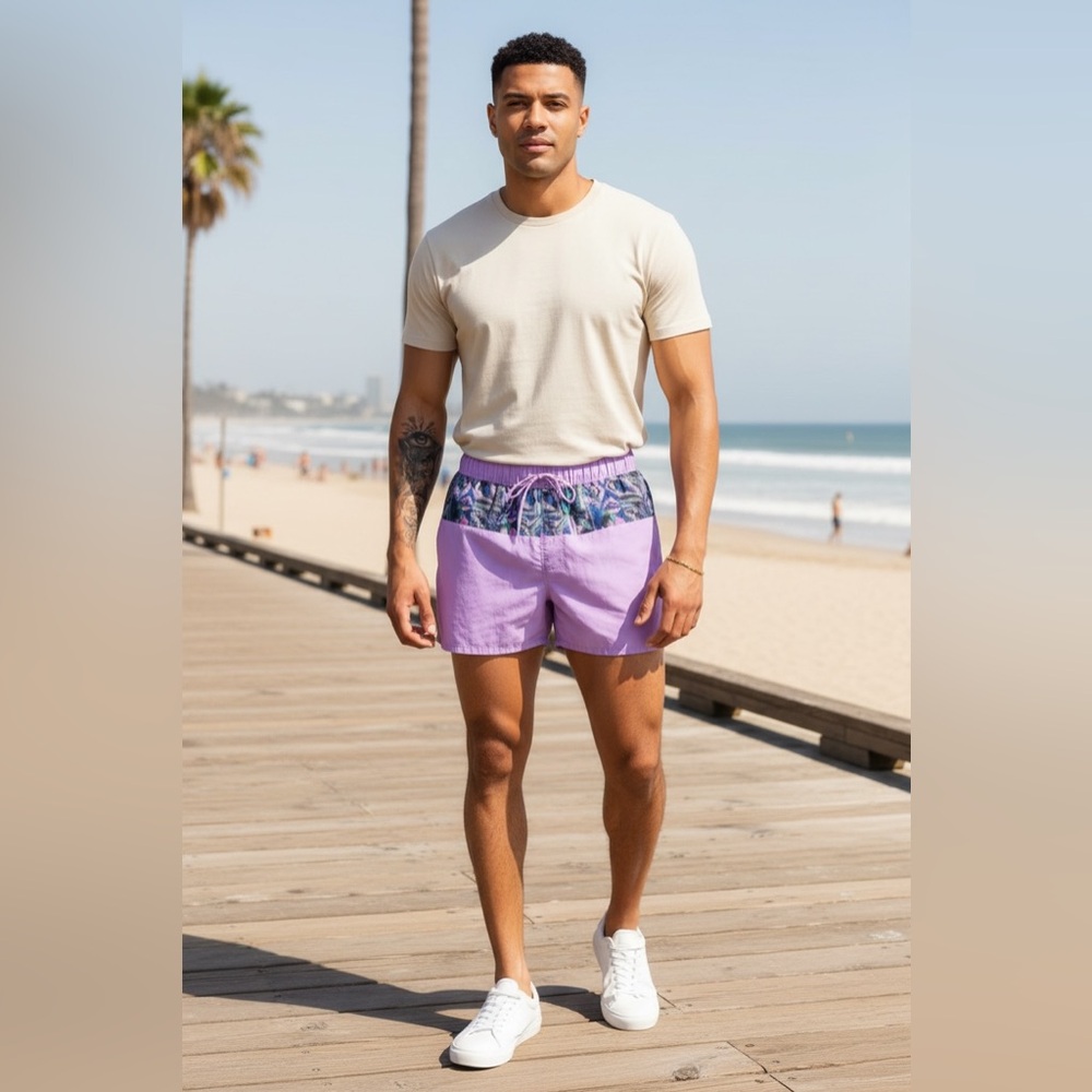 ASOS DESIGN Mens swim shorts with pattern print in purple acid wash